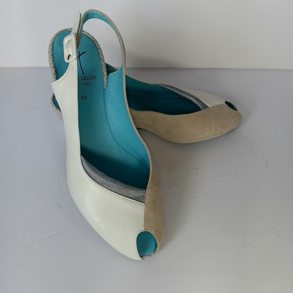 Thierry Rabotin White Leather Tan Suede Peep-Toe Sling-Back Wedge Sz 7.5US 38EU